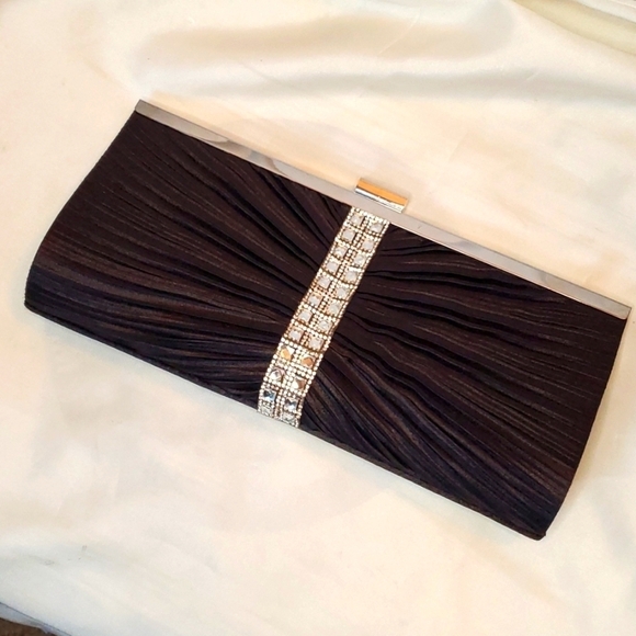 Dark Brown Satin Rhinestone Evening bag with shoulder chain - Picture 1 of 9